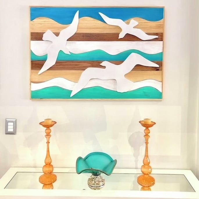 Quadro Rústico em Madeira - Gaivotas - 100cm x 70cm