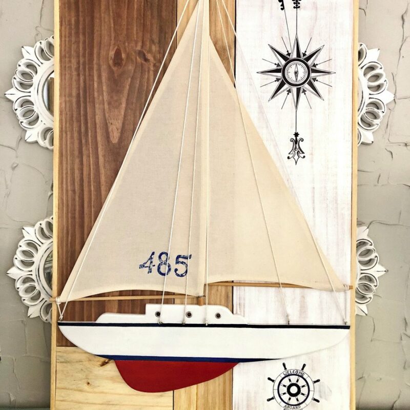 Quadro Rústico Madeira - Barco Veleiro - 53cm x 80cm