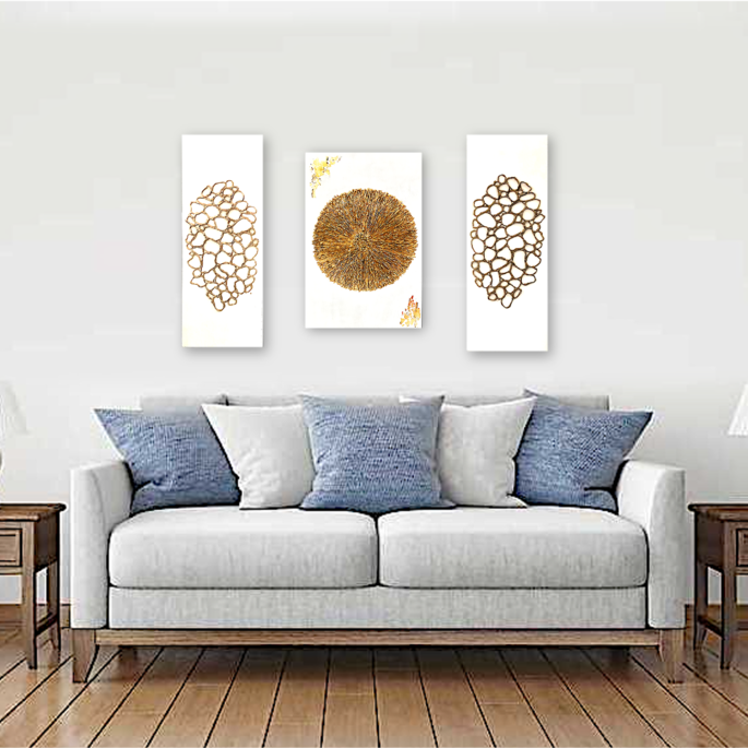 Jogo de Quadros de Madeira - Textura e Detalhes Dourados e Relevo - 100cm x 70cm montado - Imagem 6