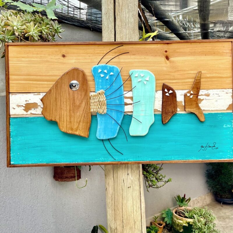 Quadro Rústico Madeira - Peixe Mosaico - 90cm x 50cm